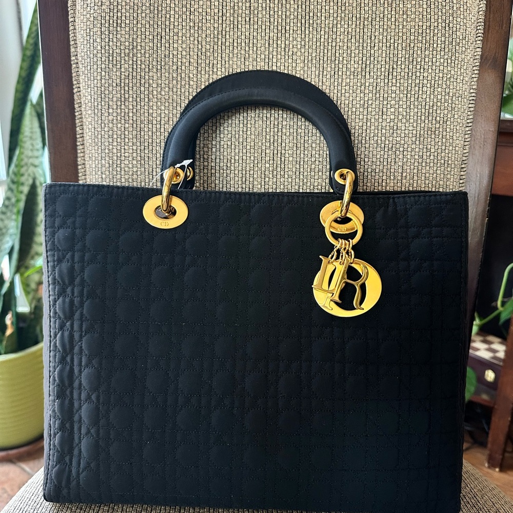 Vintage lady dior cannage  Black Quilted Tote with Gold Accents